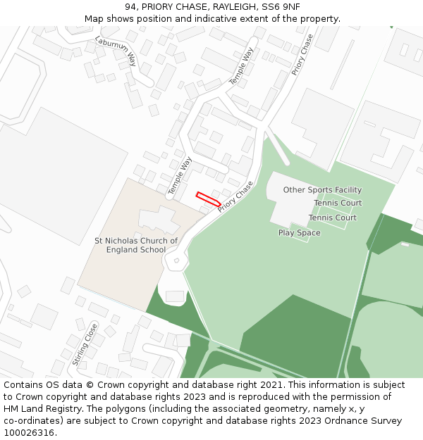 94, PRIORY CHASE, RAYLEIGH, SS6 9NF: Location map and indicative extent of plot