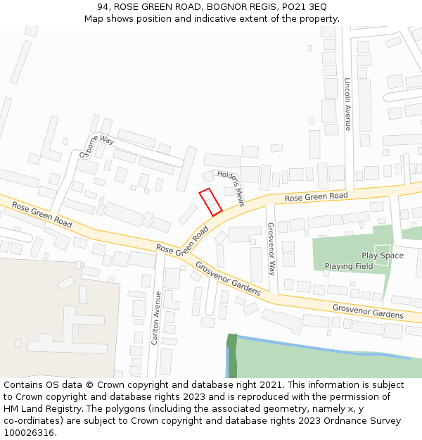 94, ROSE GREEN ROAD, BOGNOR REGIS, PO21 3EQ: Location map and indicative extent of plot