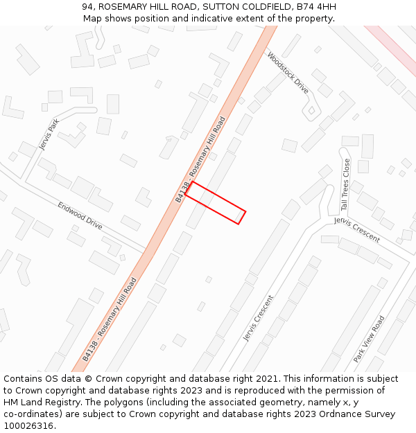 94, ROSEMARY HILL ROAD, SUTTON COLDFIELD, B74 4HH: Location map and indicative extent of plot