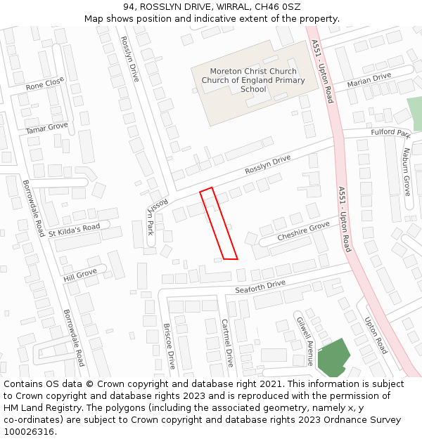 94, ROSSLYN DRIVE, WIRRAL, CH46 0SZ: Location map and indicative extent of plot