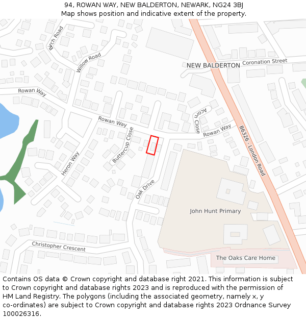 94, ROWAN WAY, NEW BALDERTON, NEWARK, NG24 3BJ: Location map and indicative extent of plot