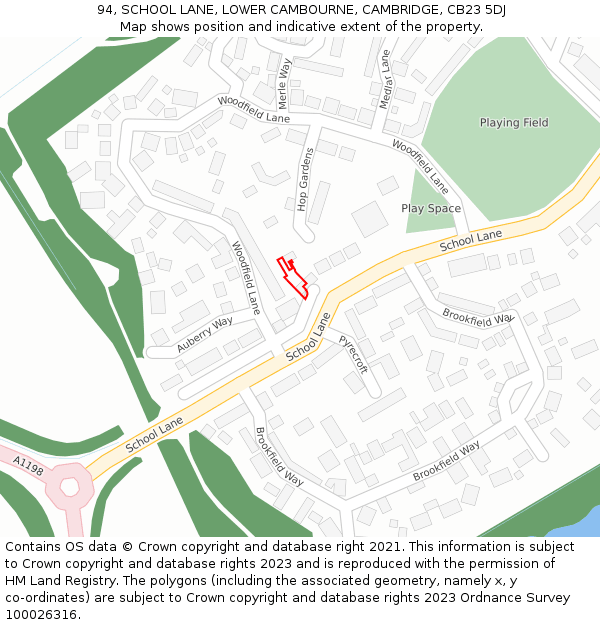 94, SCHOOL LANE, LOWER CAMBOURNE, CAMBRIDGE, CB23 5DJ: Location map and indicative extent of plot