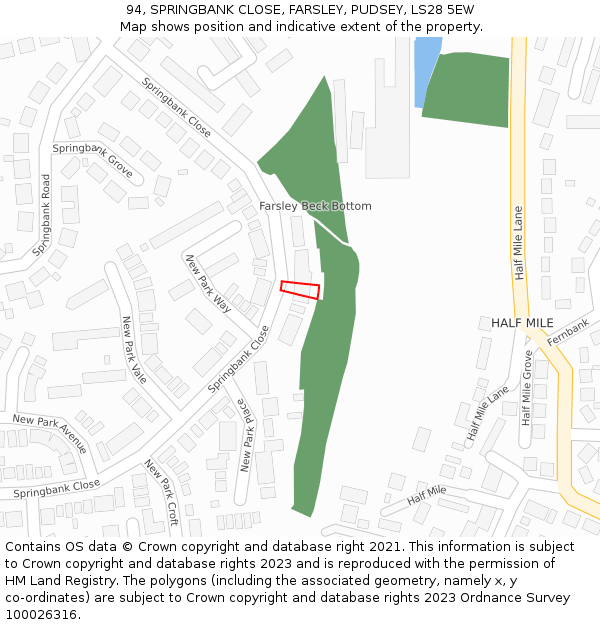 94, SPRINGBANK CLOSE, FARSLEY, PUDSEY, LS28 5EW: Location map and indicative extent of plot