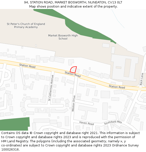 94, STATION ROAD, MARKET BOSWORTH, NUNEATON, CV13 0LT: Location map and indicative extent of plot