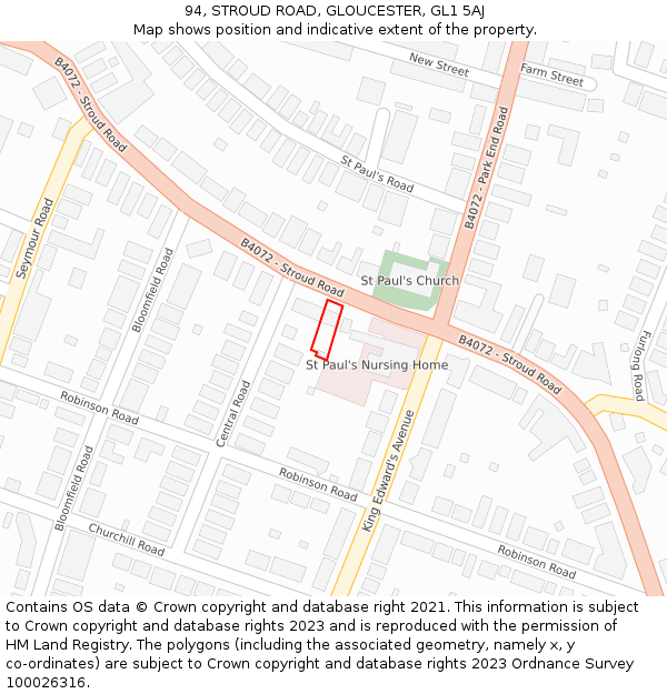 94, STROUD ROAD, GLOUCESTER, GL1 5AJ: Location map and indicative extent of plot