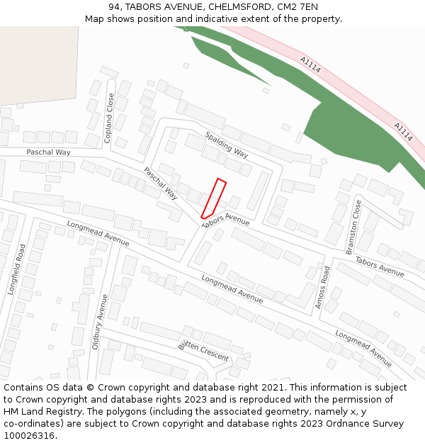 94, TABORS AVENUE, CHELMSFORD, CM2 7EN: Location map and indicative extent of plot