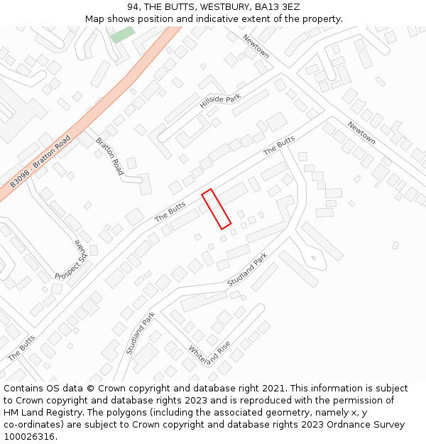 94, THE BUTTS, WESTBURY, BA13 3EZ: Location map and indicative extent of plot