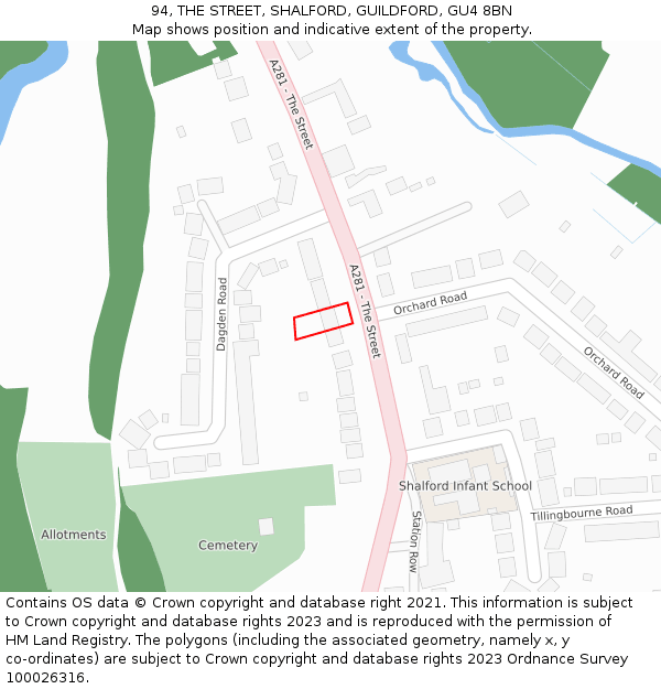 94, THE STREET, SHALFORD, GUILDFORD, GU4 8BN: Location map and indicative extent of plot