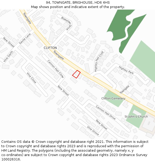 94, TOWNGATE, BRIGHOUSE, HD6 4HS: Location map and indicative extent of plot