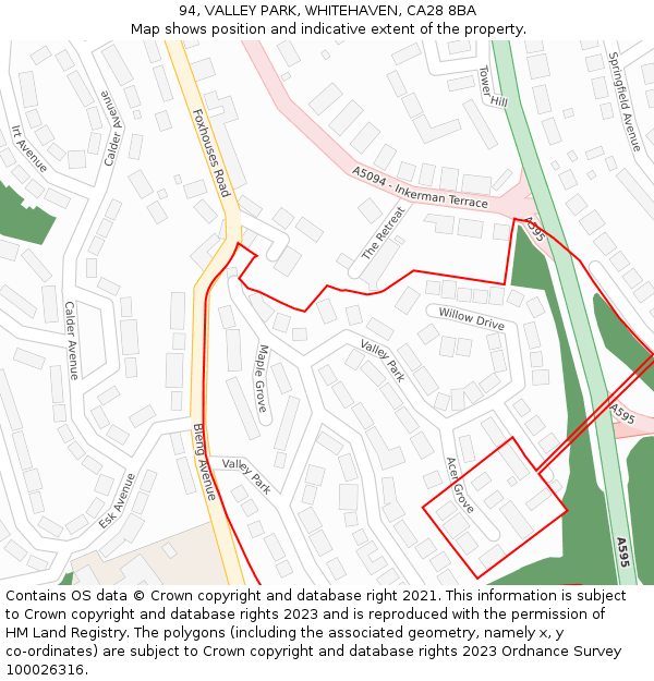 94, VALLEY PARK, WHITEHAVEN, CA28 8BA: Location map and indicative extent of plot