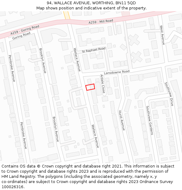 94, WALLACE AVENUE, WORTHING, BN11 5QD: Location map and indicative extent of plot