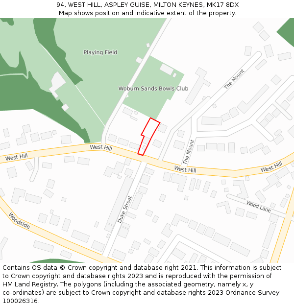 94, WEST HILL, ASPLEY GUISE, MILTON KEYNES, MK17 8DX: Location map and indicative extent of plot