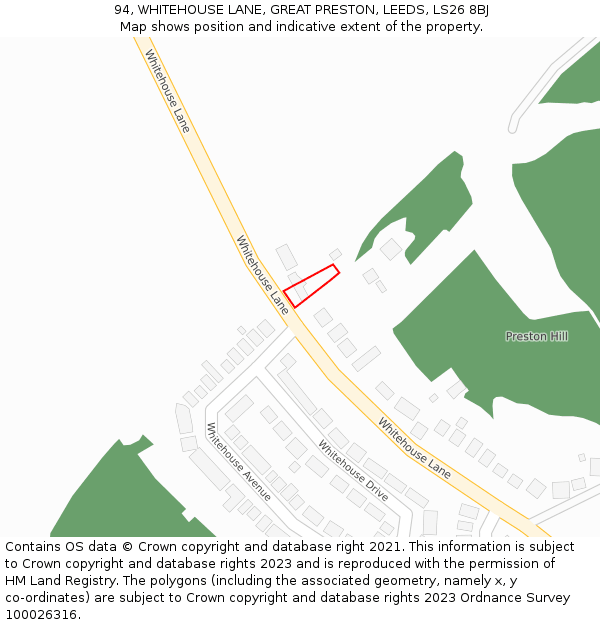 94, WHITEHOUSE LANE, GREAT PRESTON, LEEDS, LS26 8BJ: Location map and indicative extent of plot