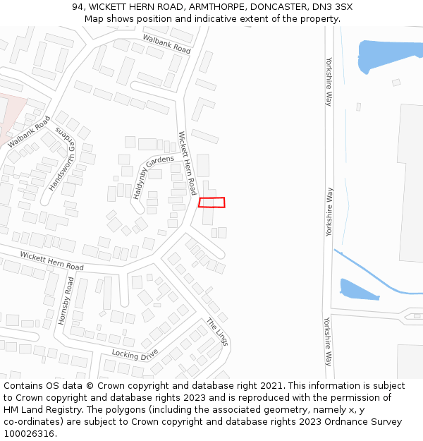 94, WICKETT HERN ROAD, ARMTHORPE, DONCASTER, DN3 3SX: Location map and indicative extent of plot