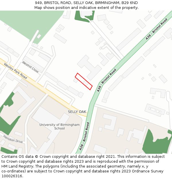 949, BRISTOL ROAD, SELLY OAK, BIRMINGHAM, B29 6ND: Location map and indicative extent of plot