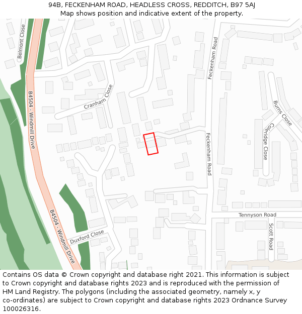 94B, FECKENHAM ROAD, HEADLESS CROSS, REDDITCH, B97 5AJ: Location map and indicative extent of plot