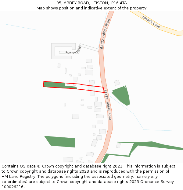 95, ABBEY ROAD, LEISTON, IP16 4TA: Location map and indicative extent of plot