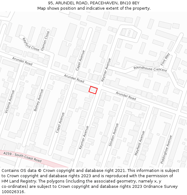 95, ARUNDEL ROAD, PEACEHAVEN, BN10 8EY: Location map and indicative extent of plot