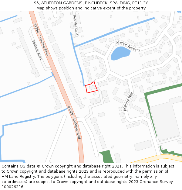 95, ATHERTON GARDENS, PINCHBECK, SPALDING, PE11 3YJ: Location map and indicative extent of plot