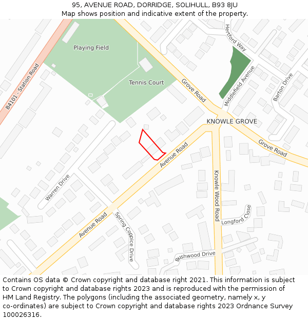 95, AVENUE ROAD, DORRIDGE, SOLIHULL, B93 8JU: Location map and indicative extent of plot