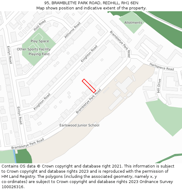 95, BRAMBLETYE PARK ROAD, REDHILL, RH1 6EN: Location map and indicative extent of plot