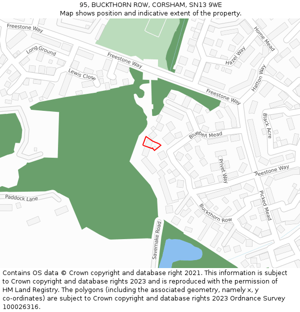95, BUCKTHORN ROW, CORSHAM, SN13 9WE: Location map and indicative extent of plot