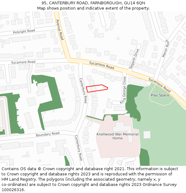 95, CANTERBURY ROAD, FARNBOROUGH, GU14 6QN: Location map and indicative extent of plot