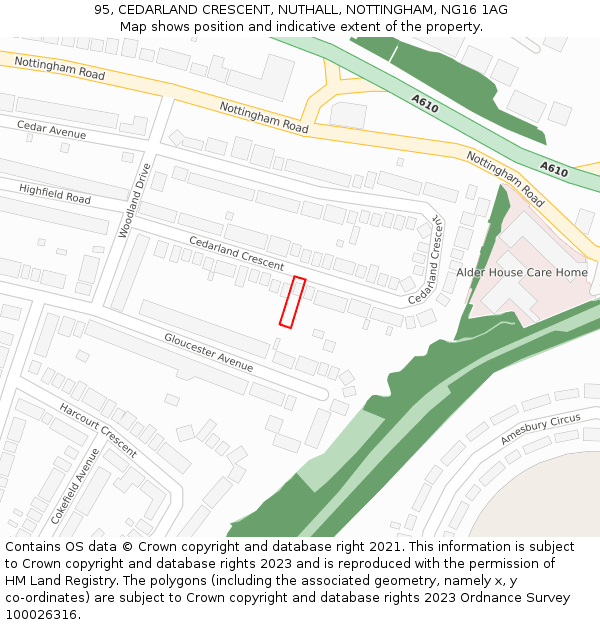 95, CEDARLAND CRESCENT, NUTHALL, NOTTINGHAM, NG16 1AG: Location map and indicative extent of plot