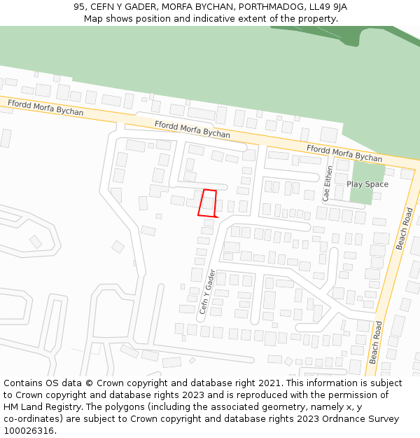 95, CEFN Y GADER, MORFA BYCHAN, PORTHMADOG, LL49 9JA: Location map and indicative extent of plot