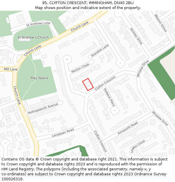 95, CLYFTON CRESCENT, IMMINGHAM, DN40 2BU: Location map and indicative extent of plot