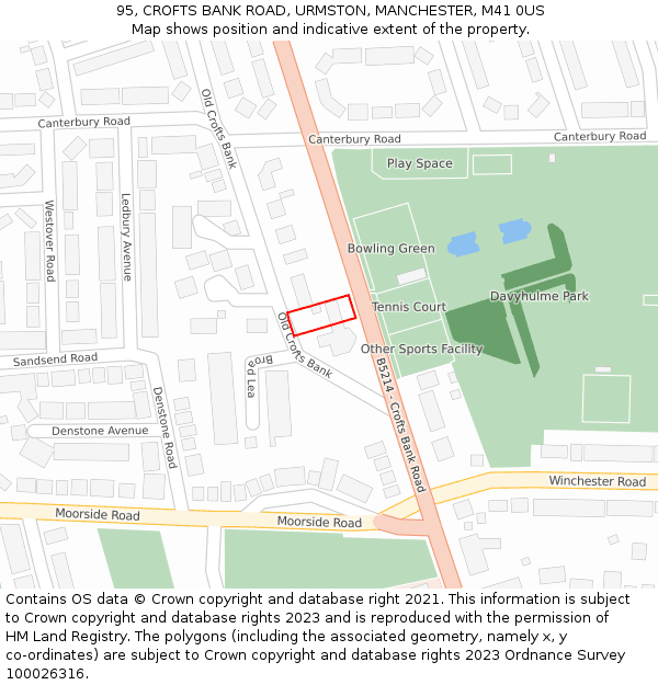 95, CROFTS BANK ROAD, URMSTON, MANCHESTER, M41 0US: Location map and indicative extent of plot