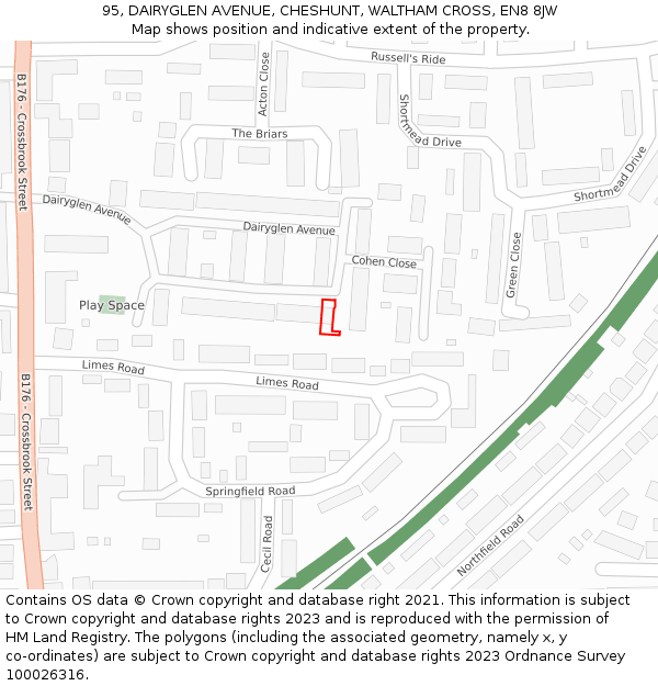 95, DAIRYGLEN AVENUE, CHESHUNT, WALTHAM CROSS, EN8 8JW: Location map and indicative extent of plot