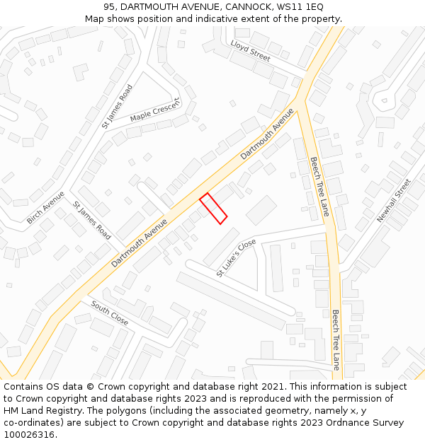 95, DARTMOUTH AVENUE, CANNOCK, WS11 1EQ: Location map and indicative extent of plot