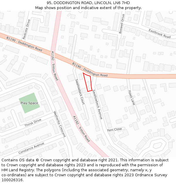 95, DODDINGTON ROAD, LINCOLN, LN6 7HD: Location map and indicative extent of plot