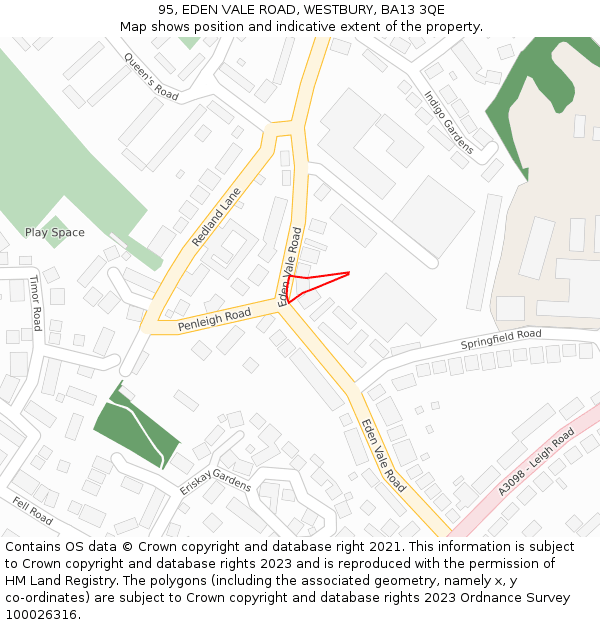 95, EDEN VALE ROAD, WESTBURY, BA13 3QE: Location map and indicative extent of plot