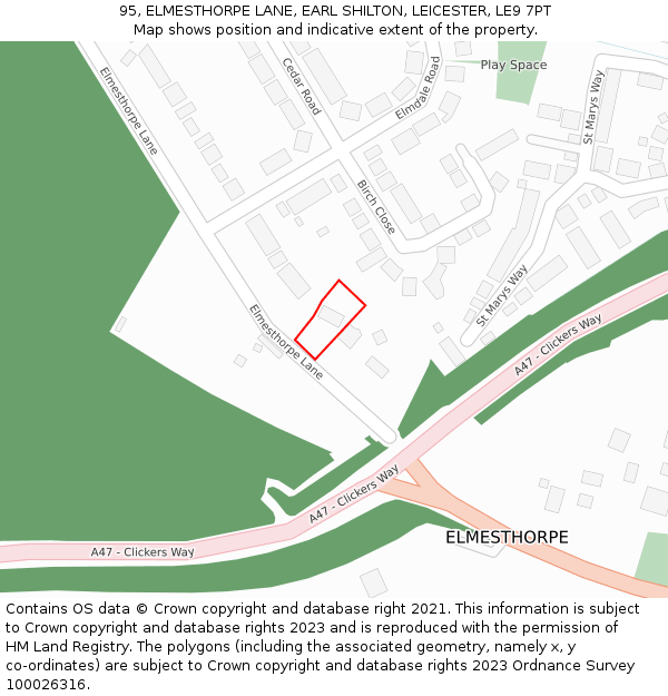 95, ELMESTHORPE LANE, EARL SHILTON, LEICESTER, LE9 7PT: Location map and indicative extent of plot