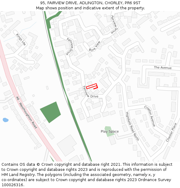 95, FAIRVIEW DRIVE, ADLINGTON, CHORLEY, PR6 9ST: Location map and indicative extent of plot