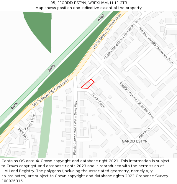 95, FFORDD ESTYN, WREXHAM, LL11 2TB: Location map and indicative extent of plot