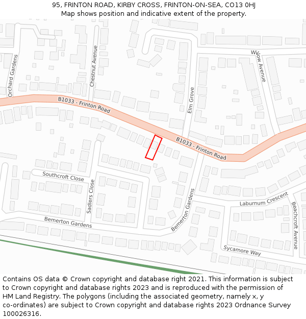95, FRINTON ROAD, KIRBY CROSS, FRINTON-ON-SEA, CO13 0HJ: Location map and indicative extent of plot
