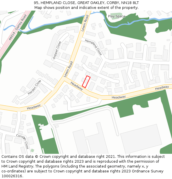 95, HEMPLAND CLOSE, GREAT OAKLEY, CORBY, NN18 8LT: Location map and indicative extent of plot