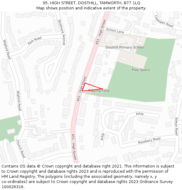 95, HIGH STREET, DOSTHILL, TAMWORTH, B77 1LQ: Location map and indicative extent of plot