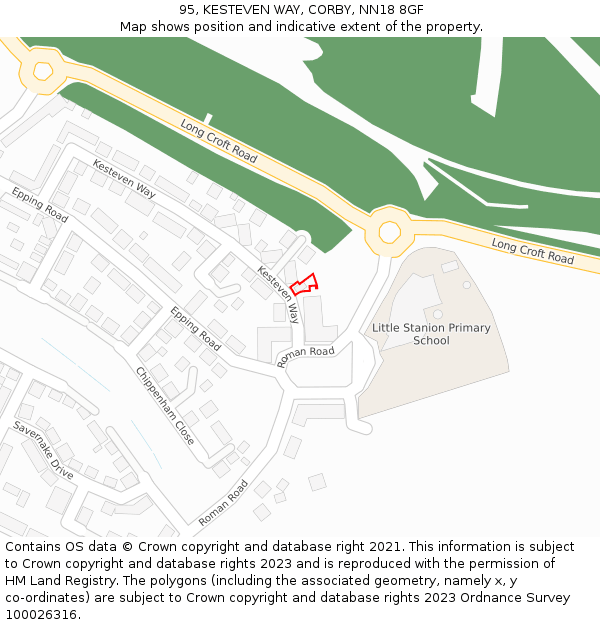 95, KESTEVEN WAY, CORBY, NN18 8GF: Location map and indicative extent of plot