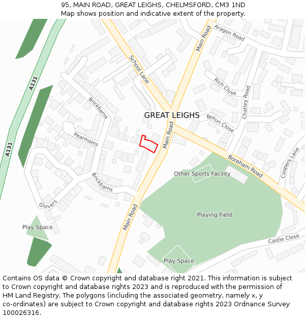 95, MAIN ROAD, GREAT LEIGHS, CHELMSFORD, CM3 1ND: Location map and indicative extent of plot
