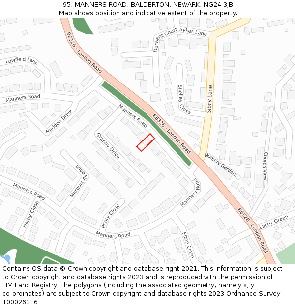 95, MANNERS ROAD, BALDERTON, NEWARK, NG24 3JB: Location map and indicative extent of plot