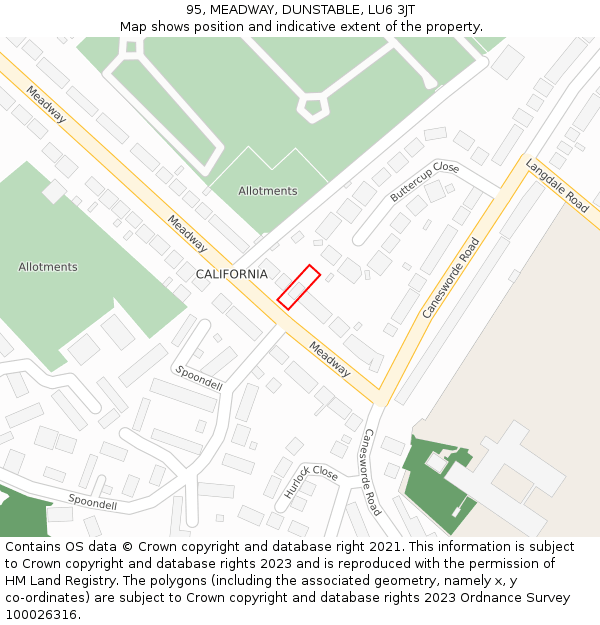 95, MEADWAY, DUNSTABLE, LU6 3JT: Location map and indicative extent of plot