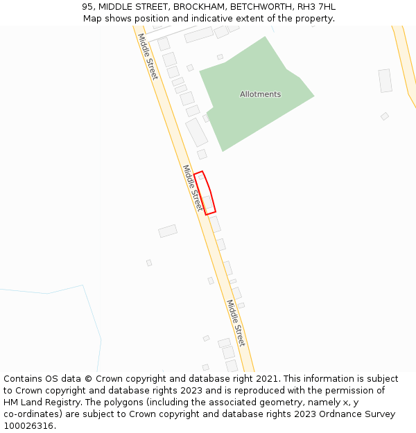 95, MIDDLE STREET, BROCKHAM, BETCHWORTH, RH3 7HL: Location map and indicative extent of plot