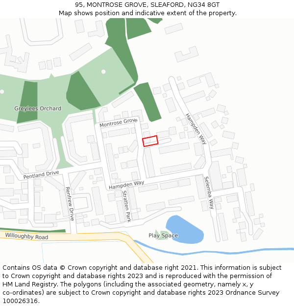 95, MONTROSE GROVE, SLEAFORD, NG34 8GT: Location map and indicative extent of plot