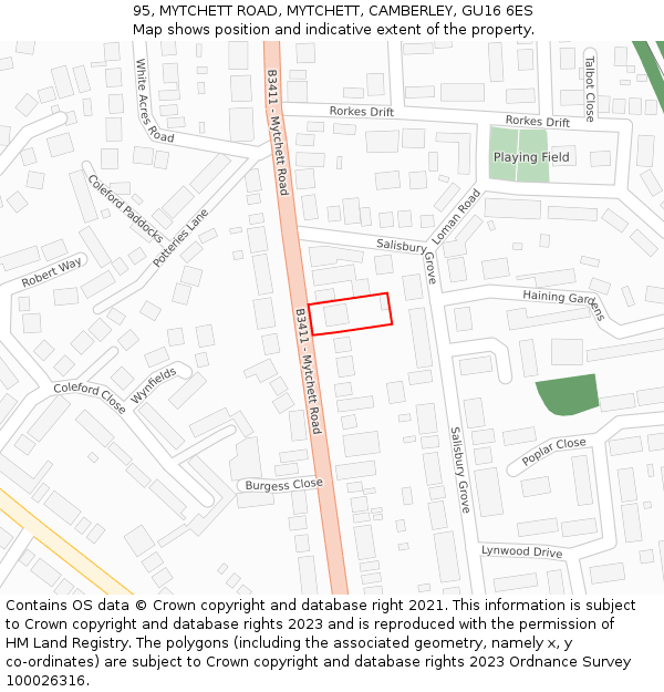 95, MYTCHETT ROAD, MYTCHETT, CAMBERLEY, GU16 6ES: Location map and indicative extent of plot