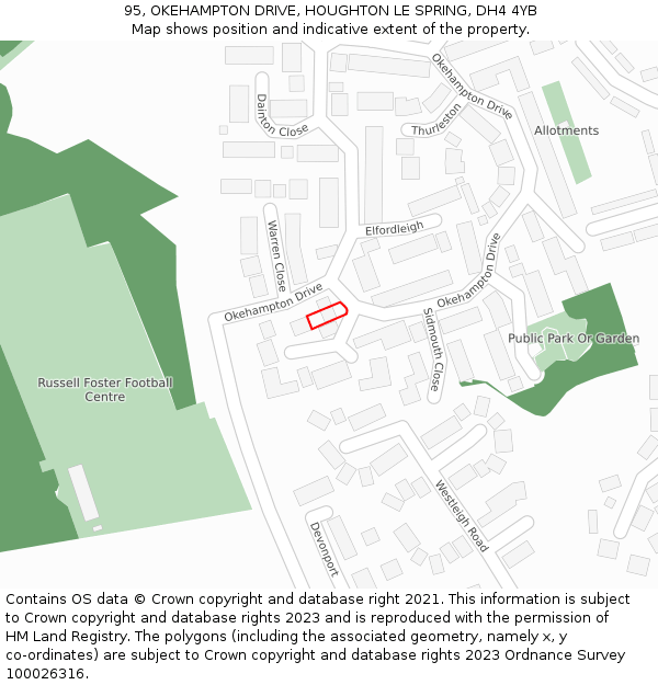 95, OKEHAMPTON DRIVE, HOUGHTON LE SPRING, DH4 4YB: Location map and indicative extent of plot