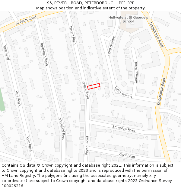 95, PEVERIL ROAD, PETERBOROUGH, PE1 3PP: Location map and indicative extent of plot
